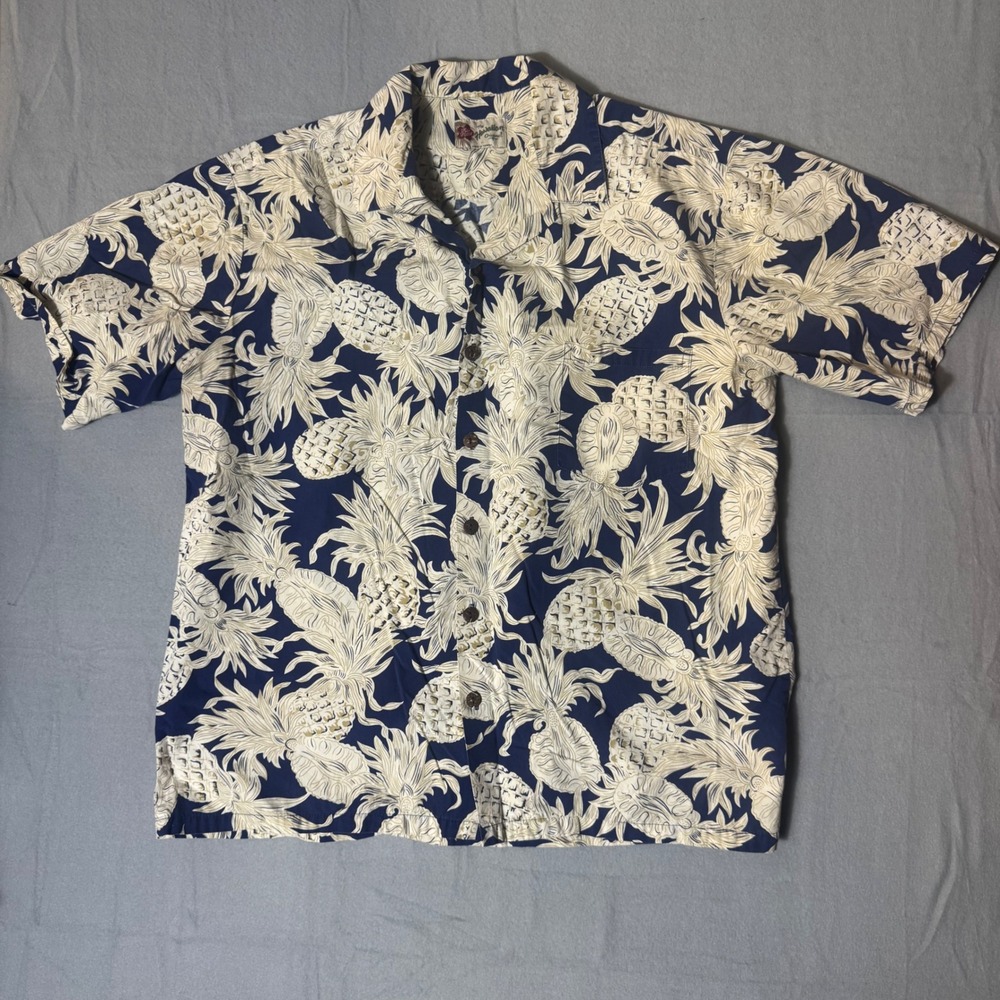 Hilo Hattie Mens XL Navy Blue Pineapple Print Hawaiian Aloha Shirt